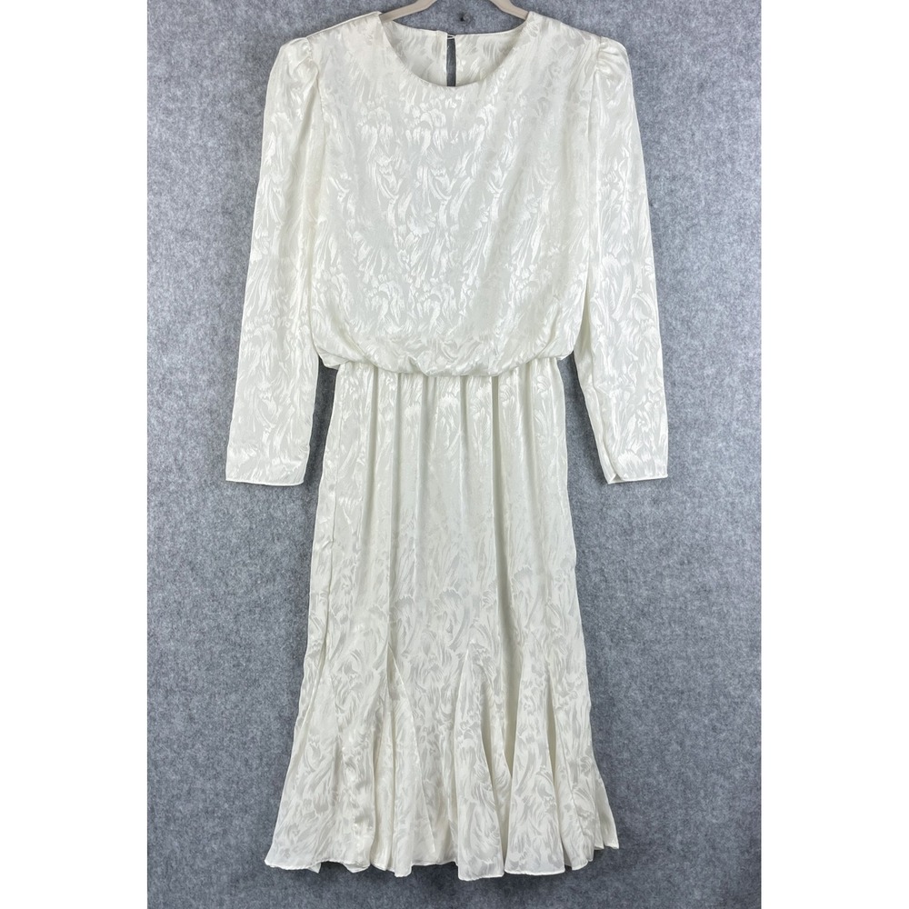 VTG Just In Thyme Blouson Dress Womens 12 White Jacquard Prairie Modest USA 80s
